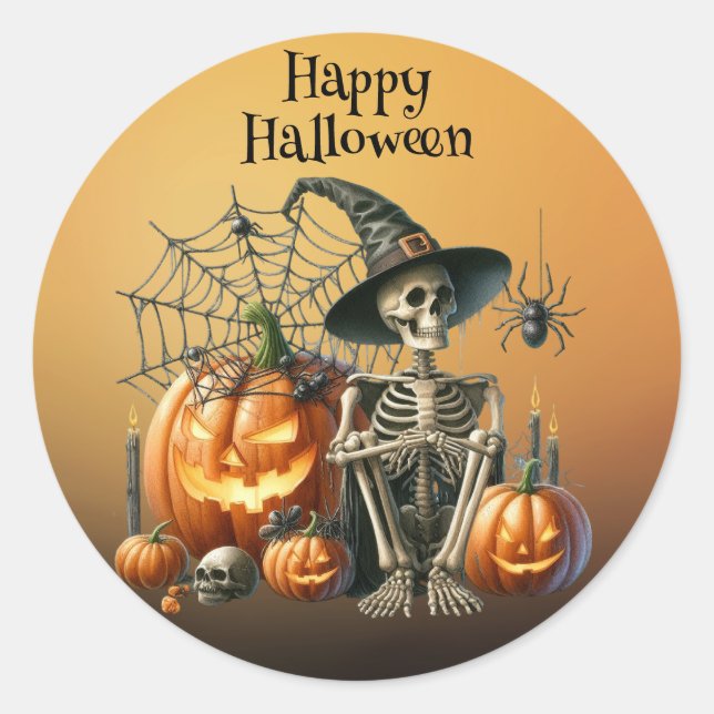 Adesivo Redondo Skeleton Pumpkins Halloween Sticker (Frente)