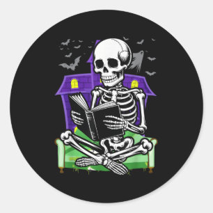 Adesivo Redondo Skeleton Reading Book Lover Bookworms Readers Hal