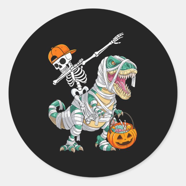 Adesivo Redondo Skeleton Riding Dancing Dab Dinosaur T Rex Hallowe (Frente)