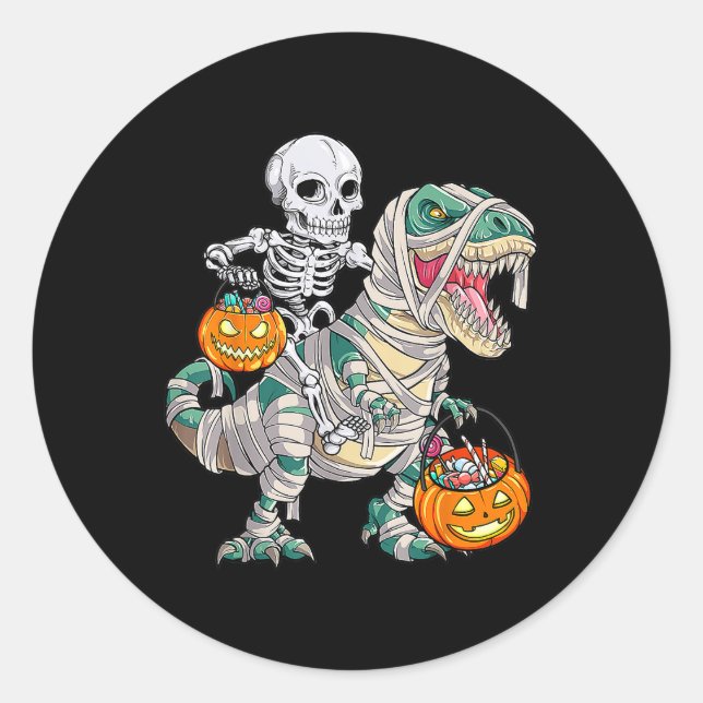 Adesivo Redondo Skeleton Riding Mummy Dinosaur T Rex Halloween (Frente)