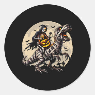 Adesivo Redondo Skeleton Riding Mummy Dinosaur T Rex Pumpkin Engra