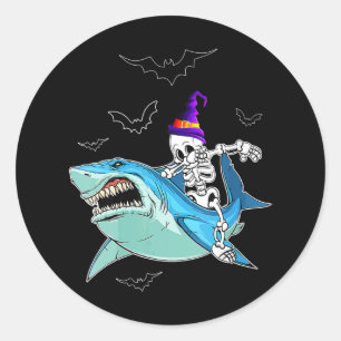 Adesivo Redondo Skeleton Riding Shark Funny - Crazy Halloween Gift