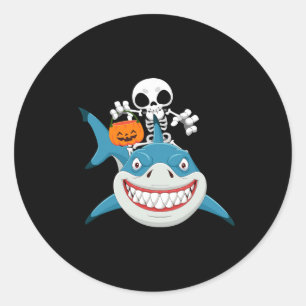 Adesivo Redondo Skeleton Riding Shark Jack O'lantern Pumpkin Hallo