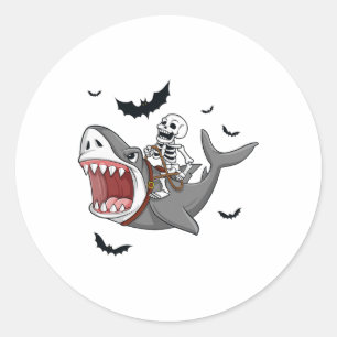 Adesivo Redondo Skeleton Riding Shark Scary Halloween Boys Garotas