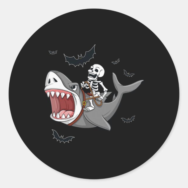 Adesivo Redondo Skeleton Riding Shark Scary Halloween Boys Garotas (Frente)