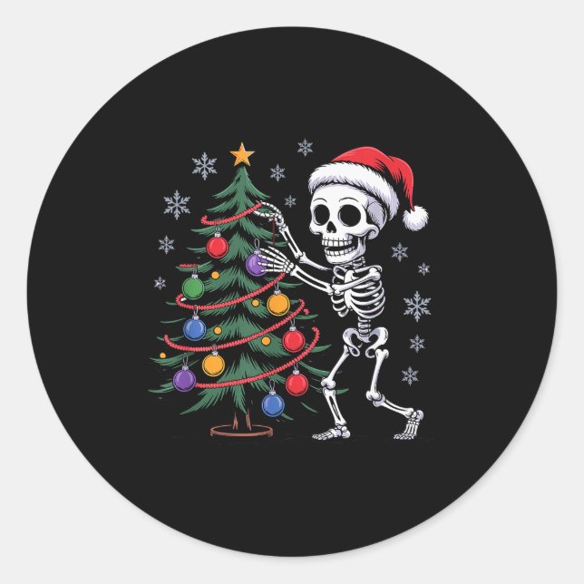 Adesivo Redondo Skeleton Santa Hat Christmas Tree Creepy Cute Xmas (Frente)