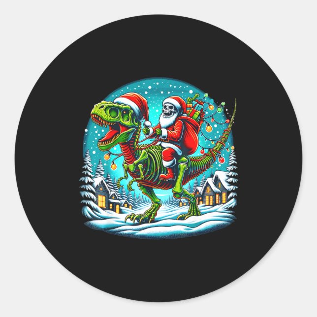 Adesivo Redondo Skeleton Santa Riding T Rex Dinosaur Funny Christm (Frente)