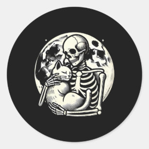 Adesivo Redondo Skeleton Segurando Gato Malandro Halloween Gótico