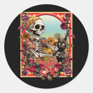 Adesivo Redondo Skeleton Segurando Um Cartão De Gato Roupa Preguiç