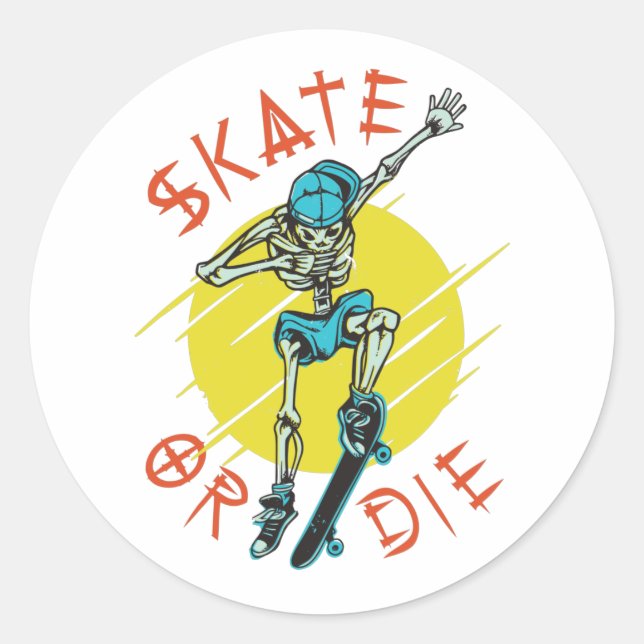Adesivo Redondo Skeleton Skateboarder skate ou die (Frente)