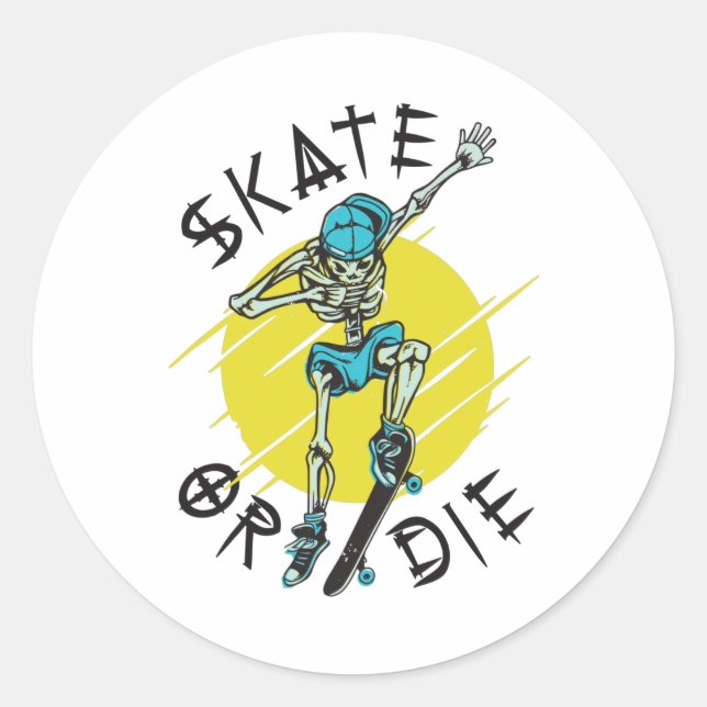 Adesivo Redondo Skeleton Skateboarder skate ou die (Frente)