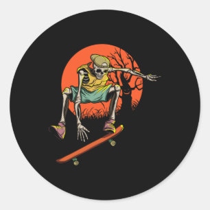 Adesivo Redondo Skeleton Skater No Dia Das Bruxas Com Skateboard