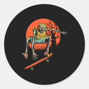Adesivo Redondo Skeleton Skater No Dia Das Bruxas Com Skateboard