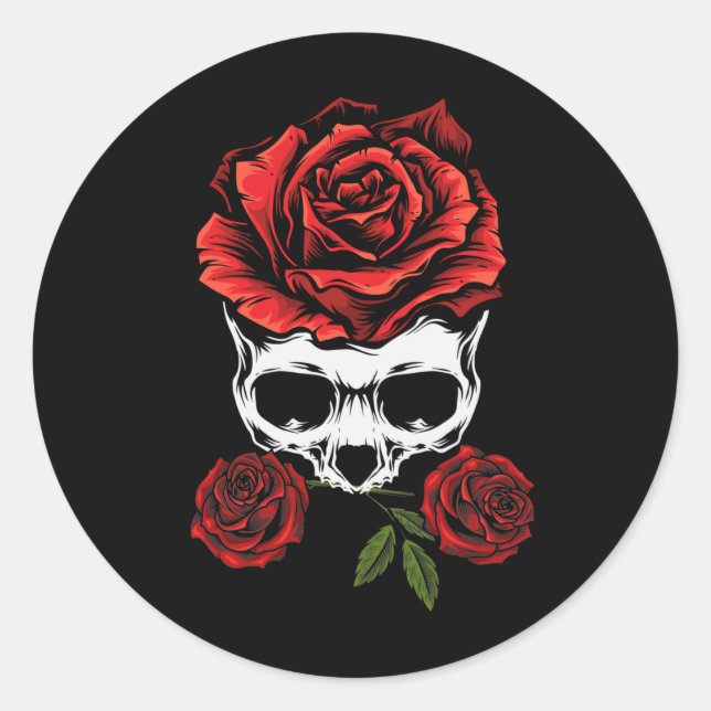 Adesivo Redondo Skeleton Skull com Rosas Morte Floral Romântica (Frente)