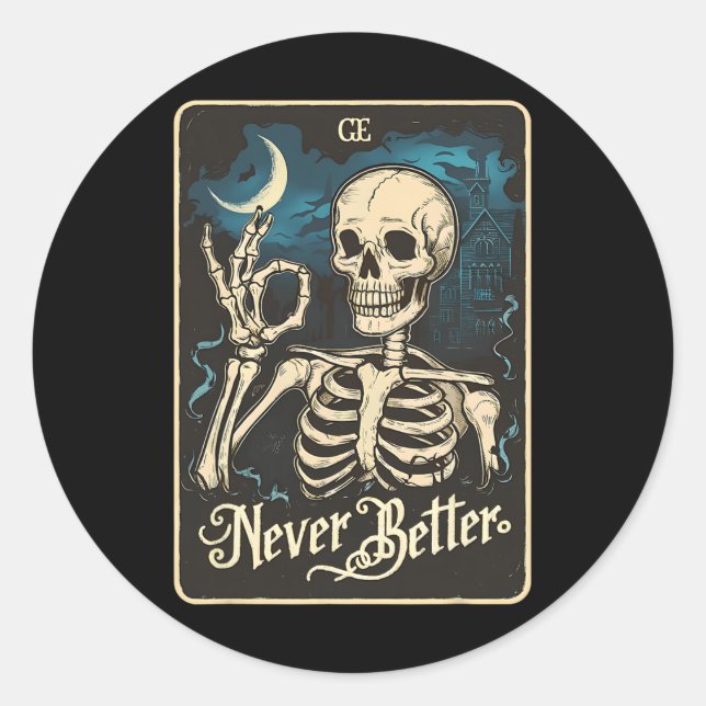 Adesivo Redondo Skeleton Tarot Card Nunca Melhor Skertar Halloween (Frente)