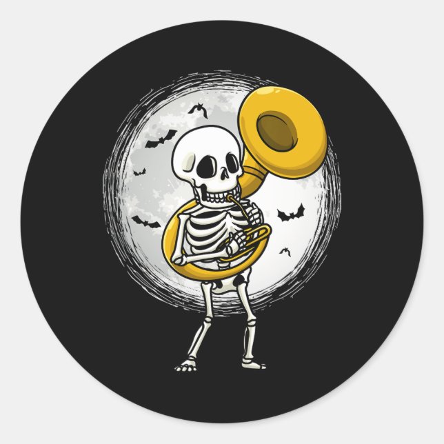 Adesivo Redondo Skeleton Tocando Sousaphone Tu Instrumento Hallowe (Frente)