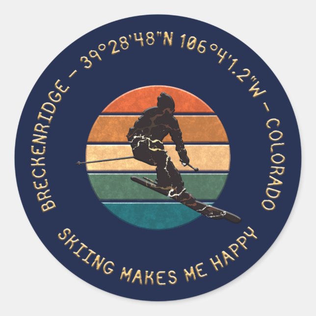 Adesivo Redondo Ski Breckenridge, Colorado - Man Skier Ouro Text (Frente)