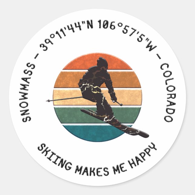 Adesivo Redondo Ski Snowmass, Colorado - Man Skier, Black Text (Frente)