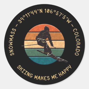 Adesivo Redondo Ski Snowmass, Colorado - Man Skier, Texto de Ouro