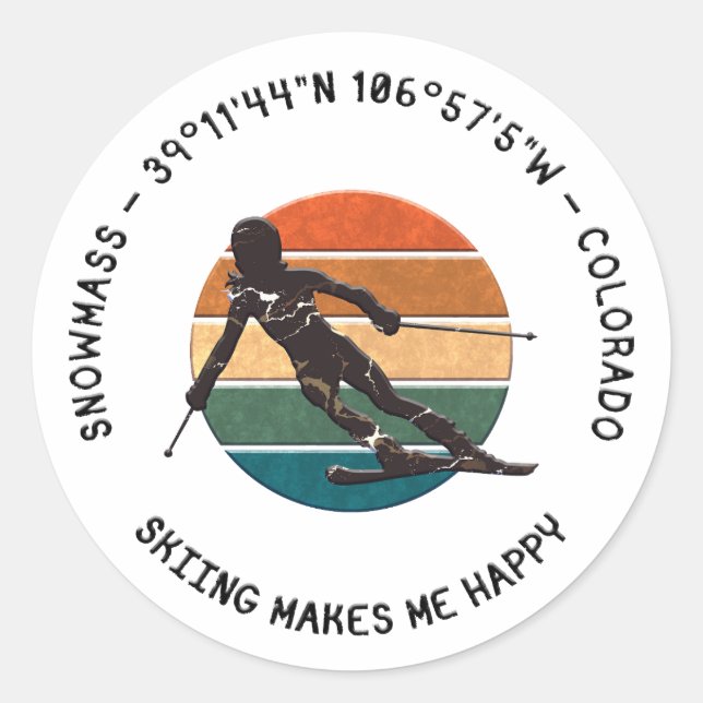 Adesivo Redondo Ski Snowmass, Colorado - Woman Skier, Black Text (Frente)