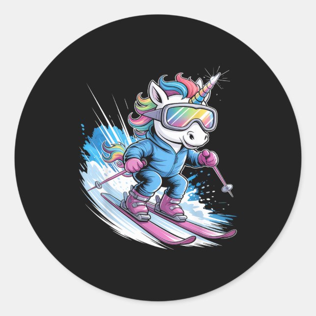 Adesivo Redondo Ski Unicorn Winter Sport Skier Funny Skiing _1  (Frente)
