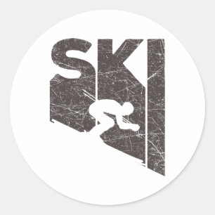 Adesivo Redondo Ski Vintage Skier Retro Skiover Descida Lover Ski