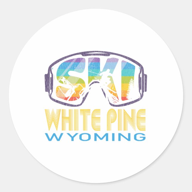 Adesivo Redondo Ski White Pine Wyoming Skiing Vacation  (Frente)