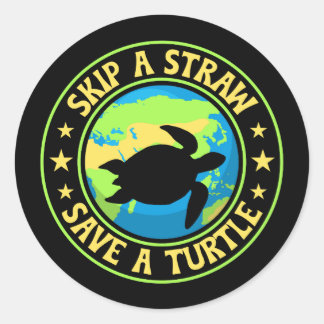 Adesivo Redondo Skip a Straw Save a Turtle - Eco Awareness Earth