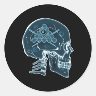 Adesivo Redondo Skull Funny Billiards Jogador de Piscina Esportivo