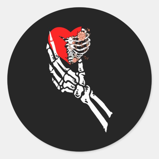 Adesivo Redondo Skull Skeleton Hand Holding Red Heart Love Valenti (Frente)