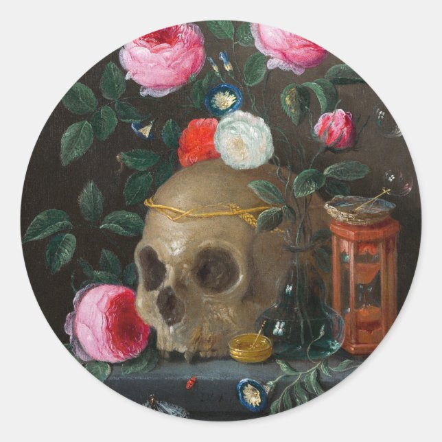 Adesivo Redondo Skull Vanitas Ainda Life Jan van Kessel (Frente)