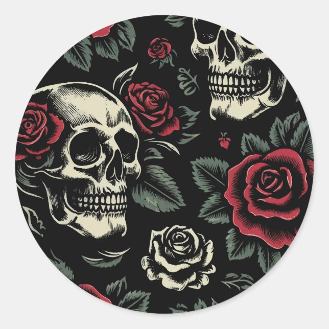 Adesivo Redondo Skulls & Rosa vermelha Gothic Floral (Frente)
