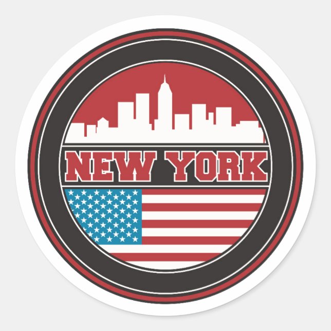 Adesivo Redondo Skyline Nova York | Bandeira dos Estados Unidos (Frente)
