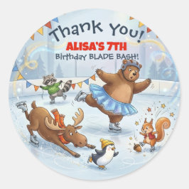 Adesivo Redondo Slapstick Ice Skating Birthday Thank you sticker