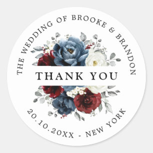 Adesivo Redondo Slate Blue Burgundy White Ivory Floral Obrigado