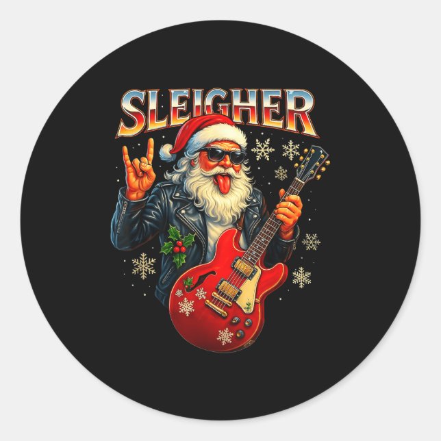 Adesivo Redondo Sleigher Rock Santa Funny Metal Christmas Design  (Frente)