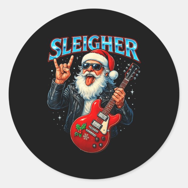 Adesivo Redondo Sleigher Rock Santa Funny Metal Christmas Design  (Frente)