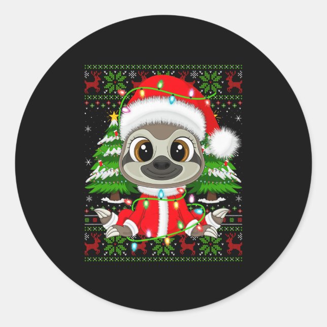 Adesivo Redondo Sloth Christmas Lights Santa Costume Ugly Xmas Swe (Frente)