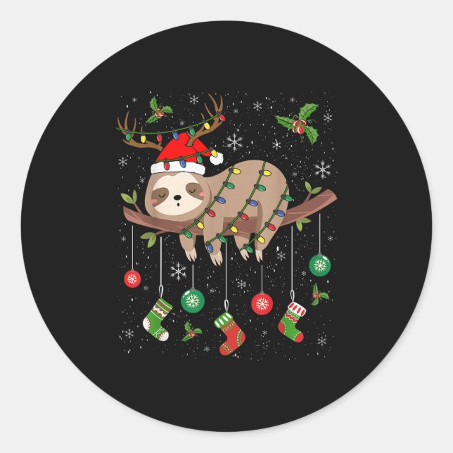 Adesivo Redondo Sloths Xmas Lighting Reindeer Santa Hat Sloth Chri (Frente)