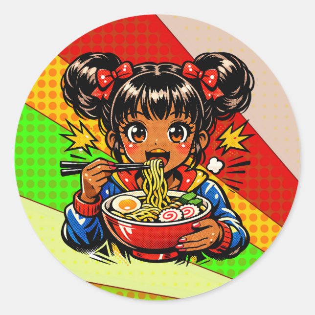 Adesivo Redondo Slurp Nom Anime Girl Ramen Noodles (Frente)