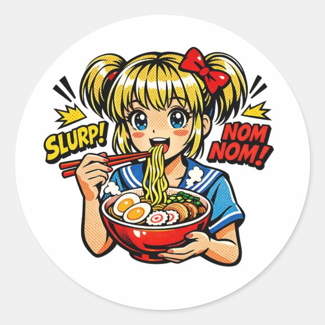 Adesivo Redondo Slurp Nom Anime Girl Ramen Noodles (Frente)