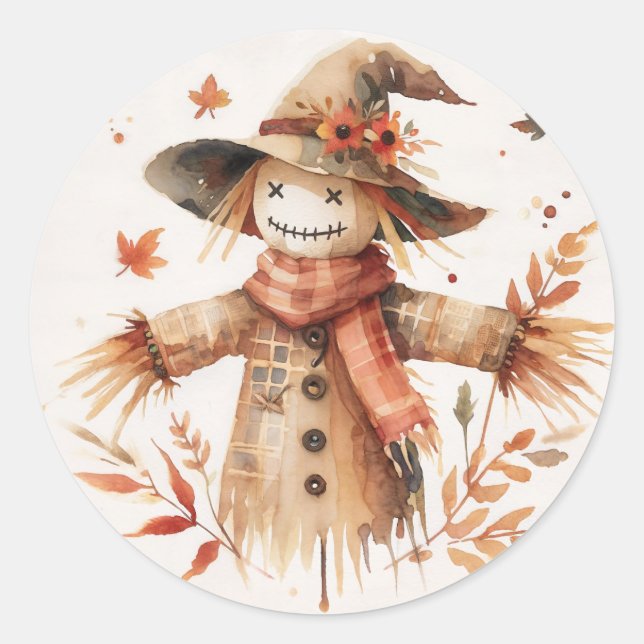 Adesivo Redondo Smiling Scarecrow Autumn Watercolor (Frente)