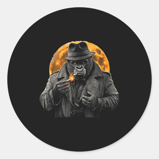 Adesivo Redondo Smoking Gorilla In Trench Coat With Orange Moon Ar (Frente)
