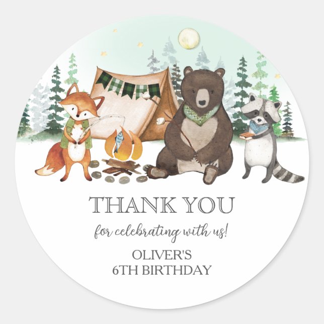 Adesivo Redondo S'more Acampando Bear Fox Raccoon Bonfire Aniversá (Frente)