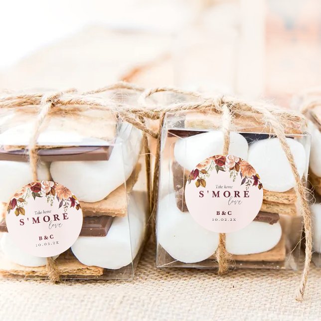 Adesivo Redondo S'more Love Casamento outono Favor (Take home s'more love!mockup image shows the floral fall smore favor sticker on boxes of smores)
