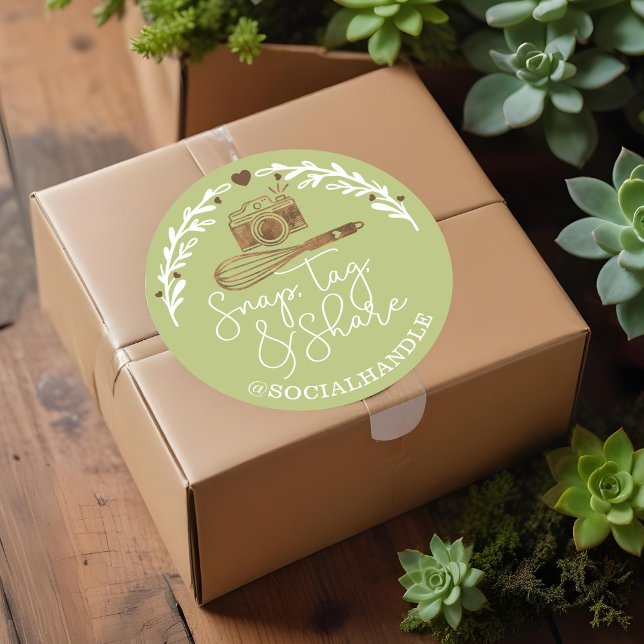 Adesivo Redondo Snap, Etiqueta, Compartilhar Câmera de Mídia Socia (Snap,Tag, Share Social Media Camera & Bakery Whisk Classic Round Sticker)