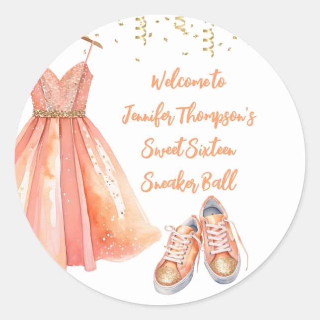 Adesivo Redondo Sneaker Ball Sweet 16 Peach e Dourada Glitter (Frente)