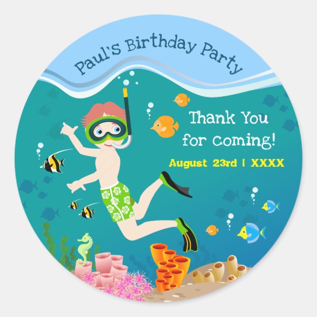 Adesivo Redondo Snorkeling com festa de aniversário de aquário tro (Frente)