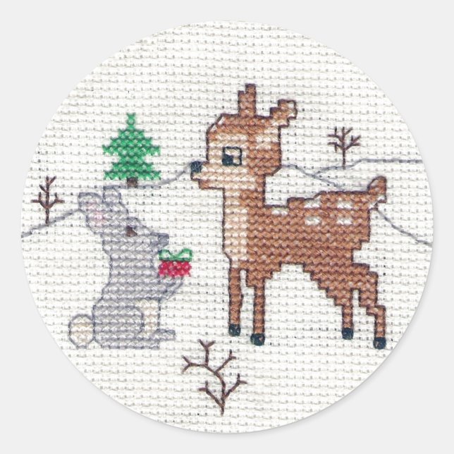 Adesivo Redondo Snow Fawn e bunny Cross Stitch (Frente)