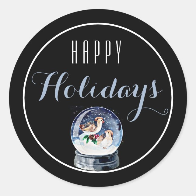 Adesivo Redondo Snow Glob com Birds Happy Holiday Sticker (Frente)